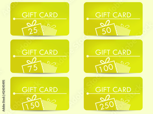 Gift card with a gift box. Realistic gift card with a gradient background color. Set of vector illustrations.