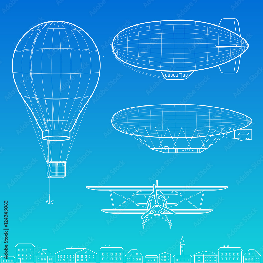 Obraz premium Airships, airplane and air ballon