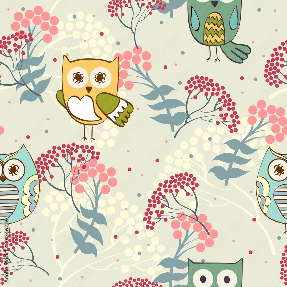 Cute floral seamless pattern with owl and rowan