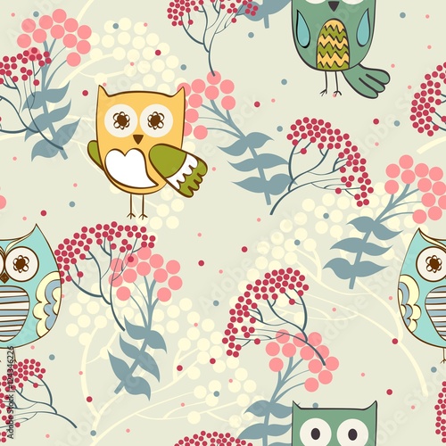 Cute floral seamless pattern with owl and rowan