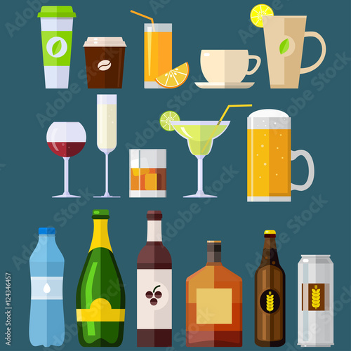 Drinks, bar, set,  flat, coffee, tea, wine, beer, juice