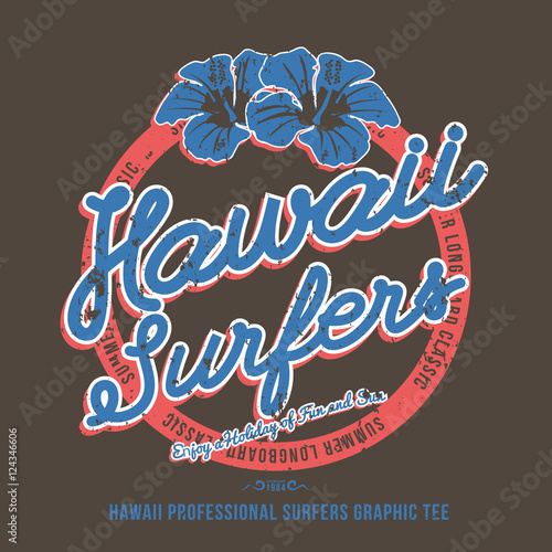 Surfing t-shirt print. Hibiscus Flower. Vector