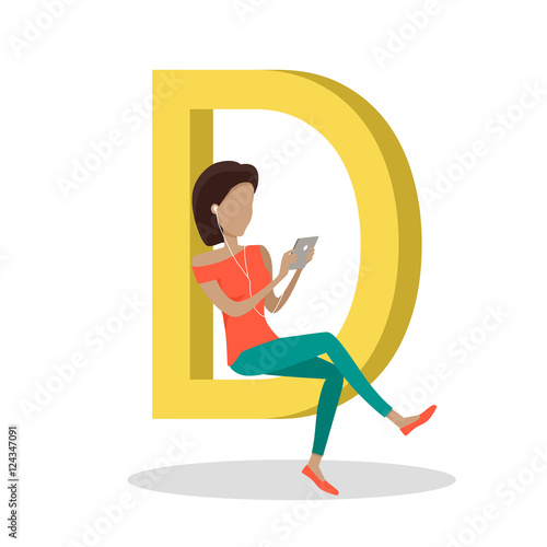 D Letter and Girl Watching Movie on Tablet. Vector