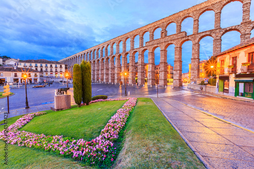 Segovia, Spain. Twilight view at the ancient Roman aqueduct.