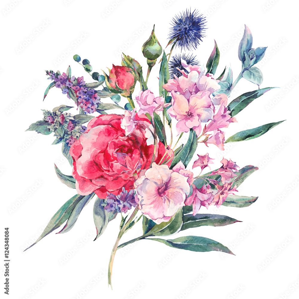Obraz watercolor bouquet of roses and wildflowers