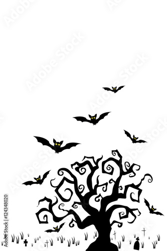Halloween tree and flying bats. Greeting card, invitation and poster template