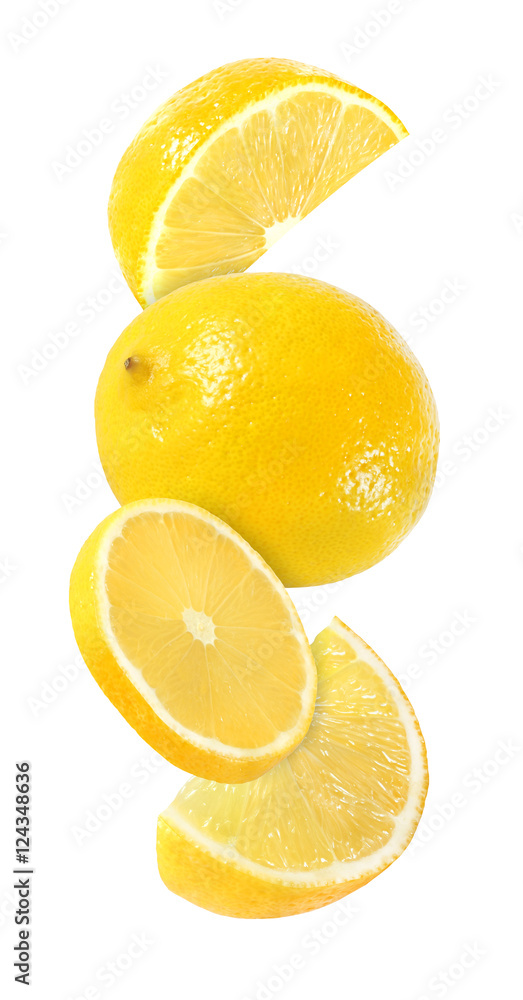 hanging, falling and flying piece of lemon fruits isolated on white background with clipping path