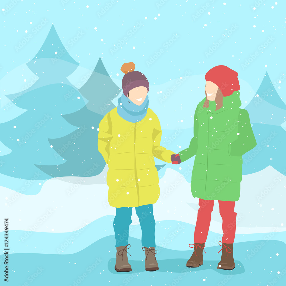 Girl friends in winter clothes. Winter landscape, snow. Vector Girl friends in winter clothes. Winter landscape, snow. Vector