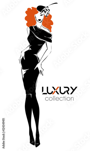 Fashion black and white woman silhouette, redhead model with orange logo background, vector