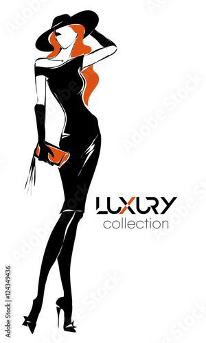 Fashion black and white woman silhouette, redhead model with orange logo background, vector