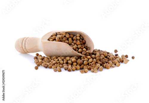 coriander seed in wooden scoop  isolated on white background