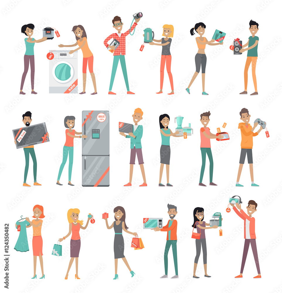 Fototapeta premium Set of Peoples on Electronics Store Sale Vector