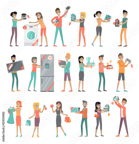 Set of Peoples on Electronics Store Sale Vector