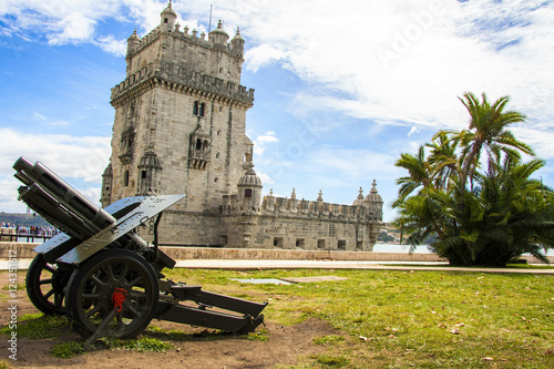 Lisbon, Portugal at Belem Tower on the Tagus River with cannon placed in front of it.