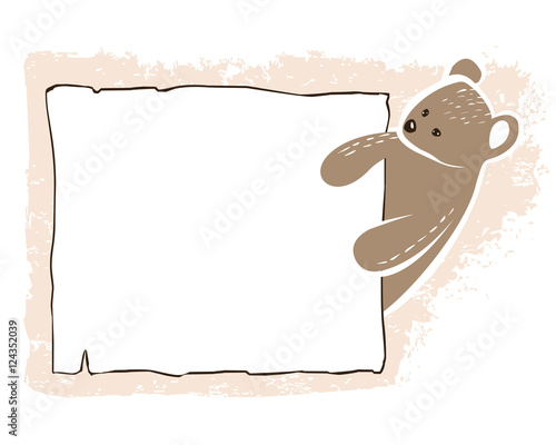 Bear holds frame in paws. Children's background.
