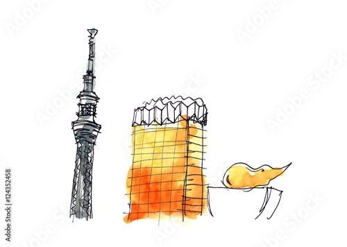 Asahi Beer hall and Tokyo sky tree skyline watercolor illustrati photo