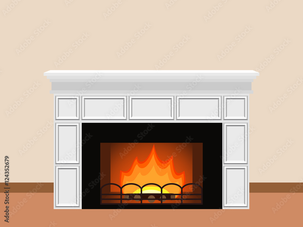 White fireplace with fire and firewood. Elements of home design. Vector illustration. White fireplace with fire and firewood. Elements of home design. Vector illustration.