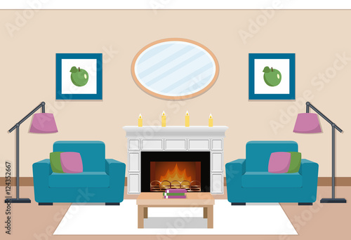 The interior of cozy living room with two armchairs and  fireplace. Vector illustration. 