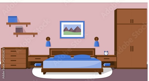 The interior of cozy bedroom in blue and brown colors. Vector illustration. 