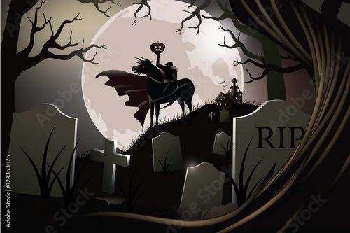 Headless Horseman. The Hessian Trooper rides in a haunted graveyard. EPS 10 vector.