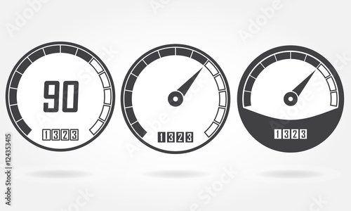 Speedometer or gauge icons set. Infographic and car instrument design elements. Vector illustration.