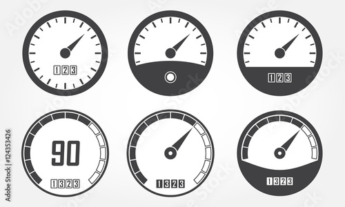 Speedometer or gauge icons set. Infographic and car instrument design elements. Vector illustration.