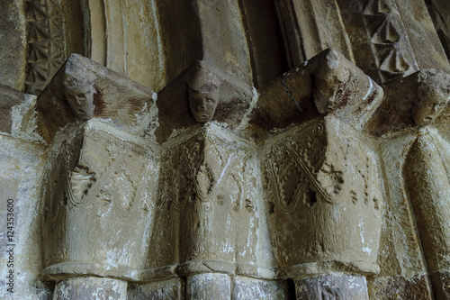 capitals of the Romanesque church of San Cornelio and san Cipriano in the town of San Cebrian of Change in Palencia, Castile and León, Spain photo