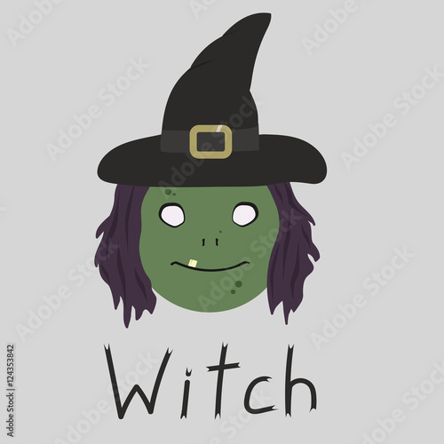 Cartoon witch face with Hat. Inscription - witch