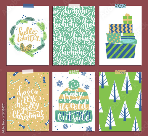 Vector collection of Christmas card templates. Christmas Posters set in cool palette with wreath, presents and hohoho pattern.