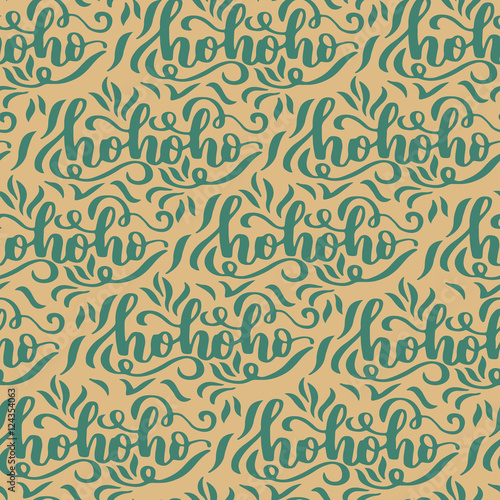 Vector seamless pattern with hohoho calligraphy on beige background. Christmas wrapping and textile design.