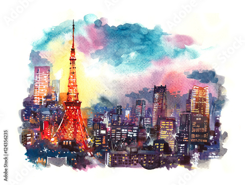 Obraz na płótnie Japonia punkt zwrotny Tokio wierza przy mroczną akwareli ilustracją