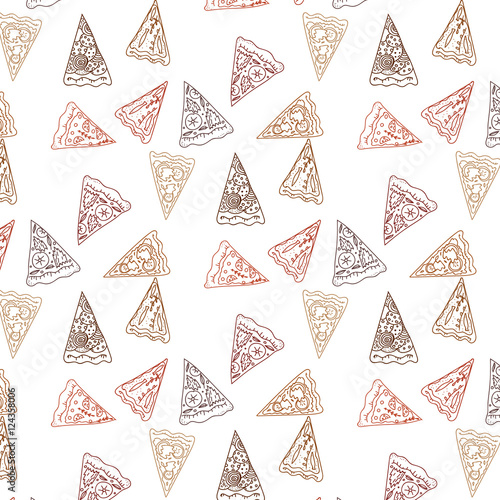 Vector simplified childlike pizza pattern. Background for textile, wrapping paper, packs and covers, design element, funny wallpaper.