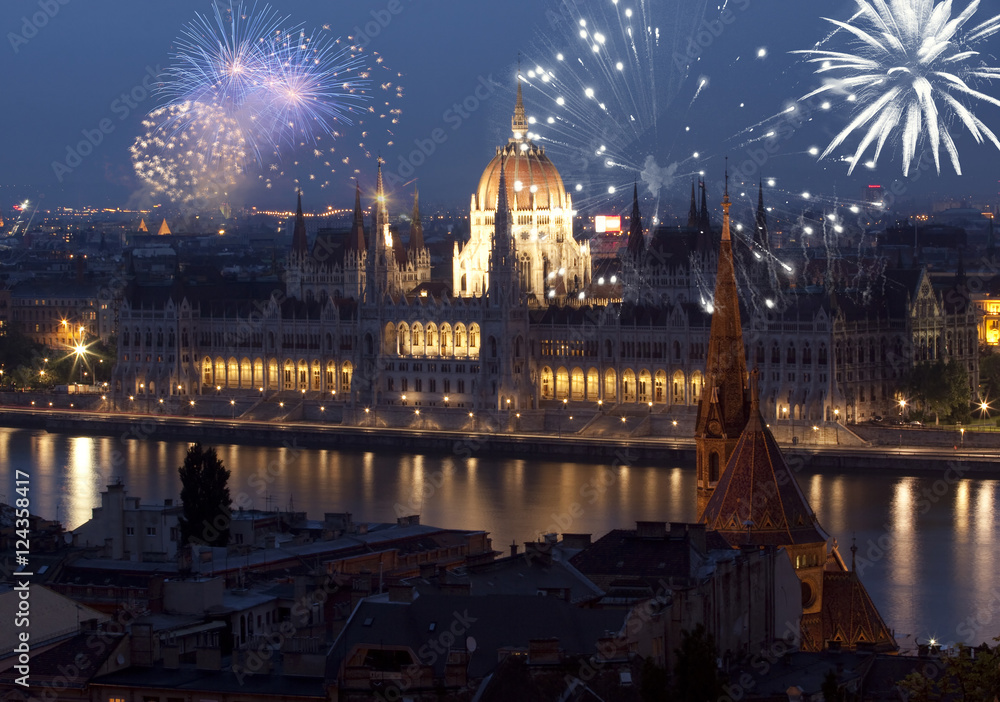new Year in the city - Budapest Parliament with fireworks