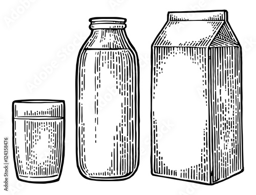 Milk box carton package, glass and bottle.