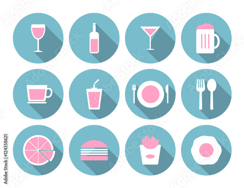 Flat food icons set with shadow