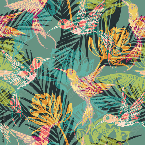 Seamless exotic pattern with abstract palm leaves and colibri.