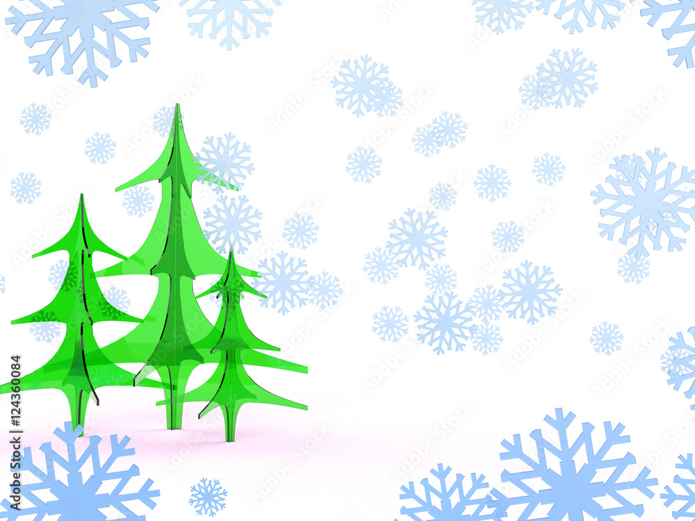group of glass Christmas fir tree isolated on white background with showflakes. Happy new year postcard design print 3d illustration concept group of glass Christmas fir tree isolated on white background with showflakes. Happy new year postcard design print 3d illustration concept