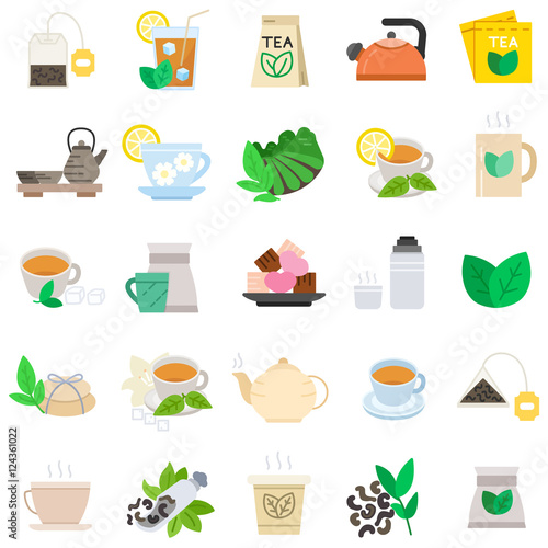 Tea, icons set. Tea beverage, flat symbols collection. Attributes tea. Green and black tea, isolated vector illustration
