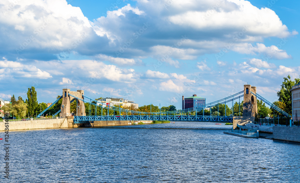 Fototapeta premium Grunwaldzki suspension bridge over river Odra in Wroclaw, Poland