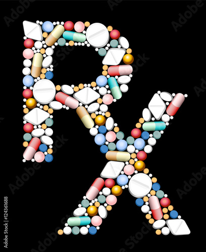 RX - symbol for medical prescription - composed if pills and capsules.