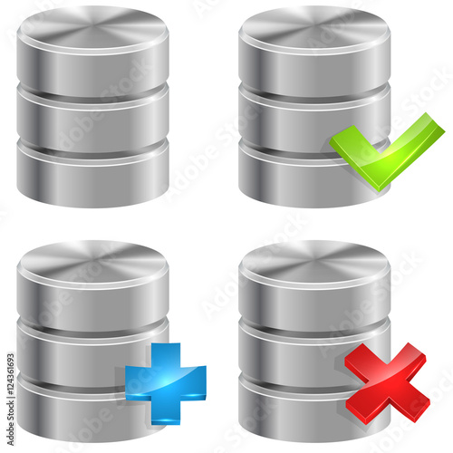 Metallic database icons isolated on white background.