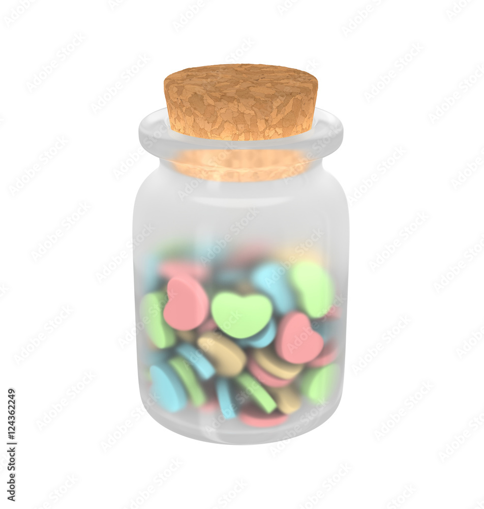 Isolated closeup of medicine glass bottle with colorful heart shaped love pills. Isolated closeup of medicine glass bottle with colorful heart shaped love pills.