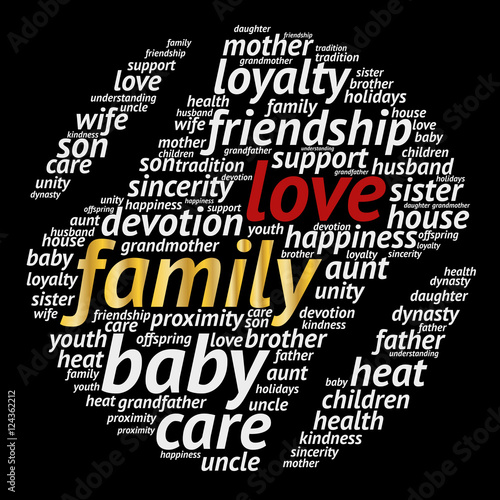 Family word cloud in shape of ball on black background, social concept.