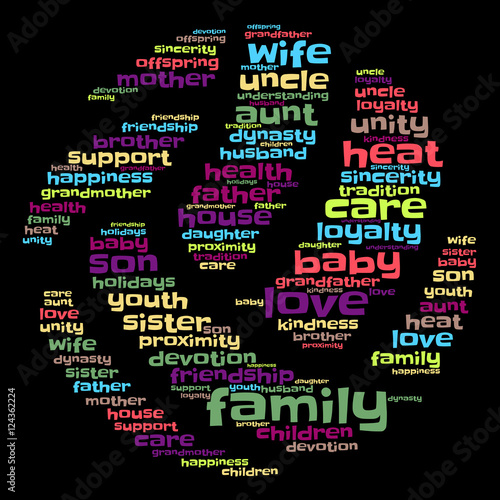 Family word cloud in shape of ball on black background, social concept, vector.
