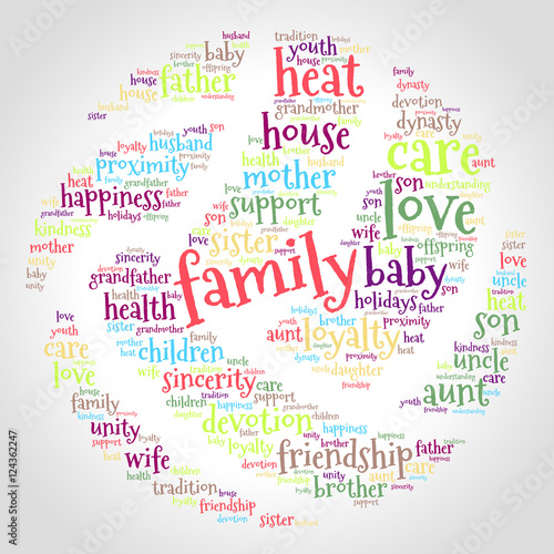 Family word cloud in shape of ball on gradient background, social concept, vector.
