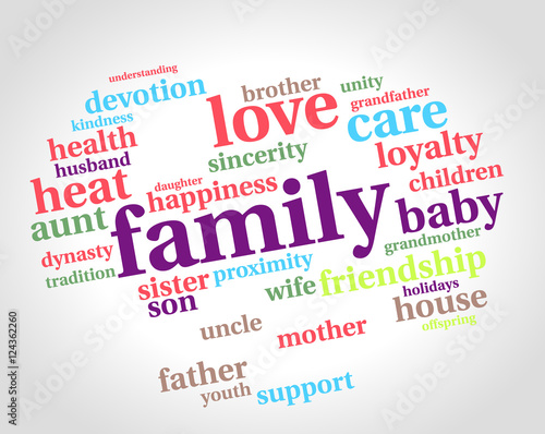 Family word cloud on gradient background, social concept, vector.