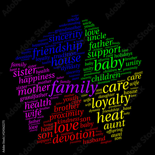 Family word cloud in pentagon shape on black background, social concept, vector.