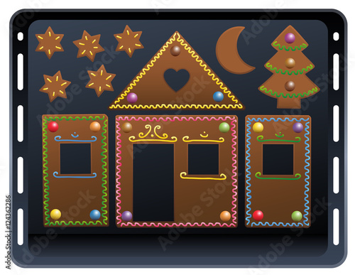 Baking Plate Gingerbread House Candy OrnamentBaking plate - pieces of a gingerbread house with colorful candy ornaments.