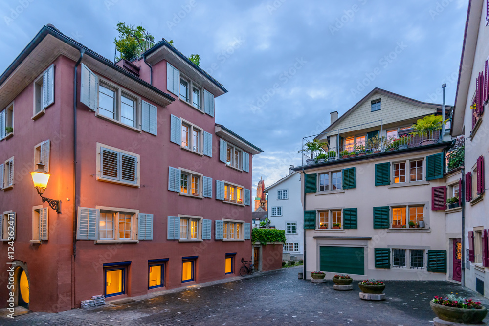 Apartment building at dusk, night in Zurich, Switzerland.