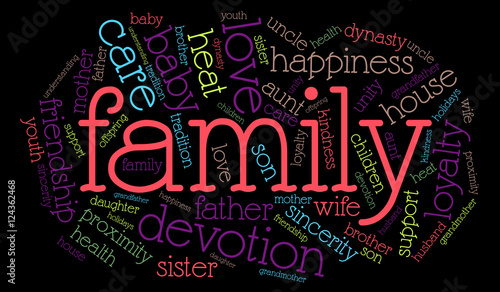 Colored family word cloud on black background, social concept.